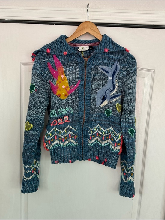 Anthropologie Sweaters - Anthropologie size medium Blue Knit Zip Hoodie with Multicolor Sea themed stitch